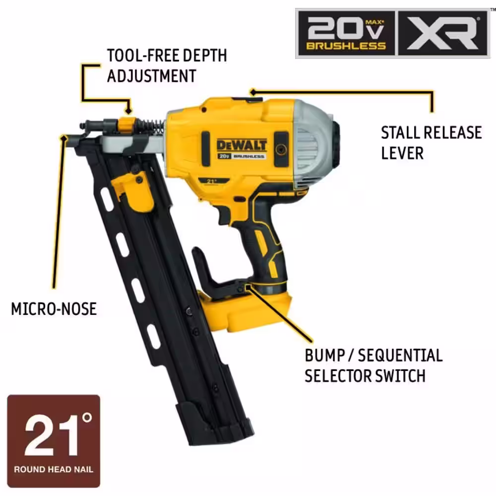 DEWALT 20V MAX XR Cordless Brushless 2-Speed 21Â° Plastic Collated Framing Nailer & Brushless 4.5 in. Angle Grinder (Tools Only)