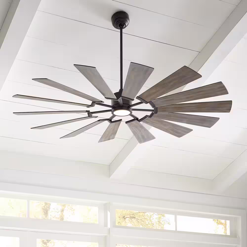 Generation Lighting Prairie 72 in. LED Indoor/Outdoor Aged Pewter Ceiling Fan with Light Grey Weathered Oak Blades, Light Kit and Remote