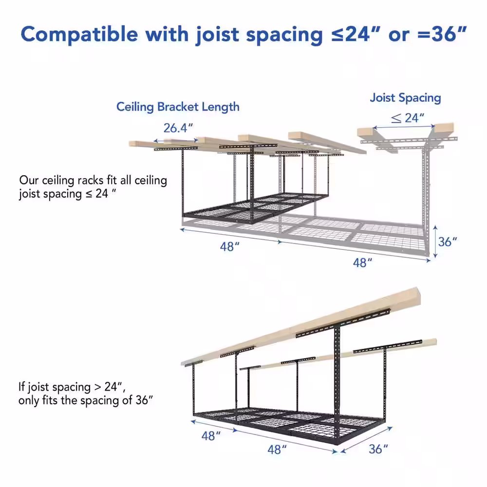 FLEXIMOUNTS Adjustable Height Overhead Ceiling Mount Garage Rack in Black (96 in. W x 36 in. D)