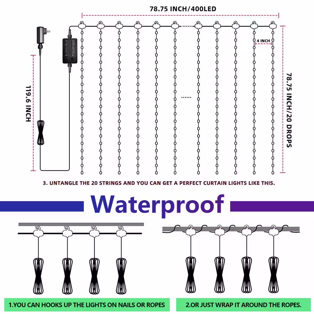 AVATAR CONTROLS 400-Light 6.6 ft. Outdoor Plug-In Integrated LED Smart Curtain String Lights (1-Pack)