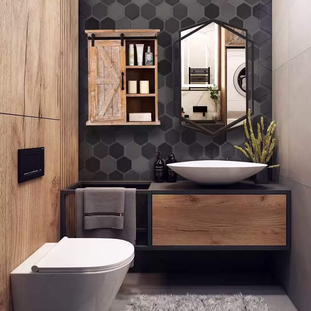 LuxenHome 22 in. W x 31.75 in. H Metal Black Hexagon Frame Art Deco Wall Accent Mirror