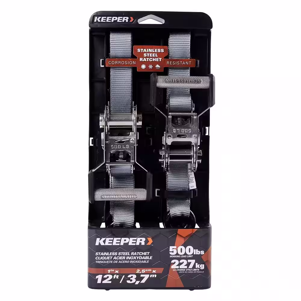 Keeper 1 in. x 12 ft. 500 lbs. Keeper Stainless Steel Ratchet Tie Down Strap (2 Pack)