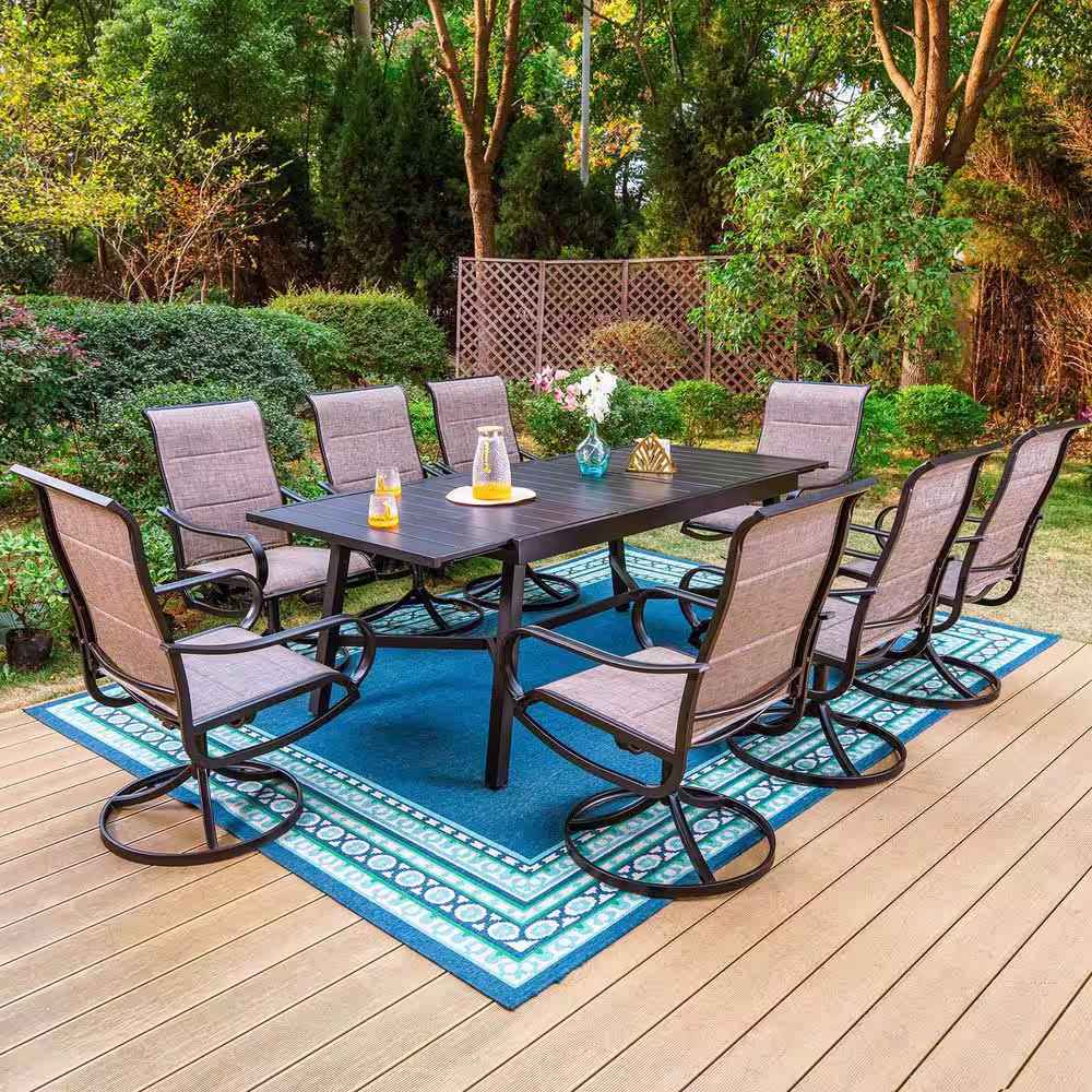 None Black 9-Piece Metal Outdoor Patio Dining Set with Slat Extendable Table and Padded Textilene Swivel Chairs