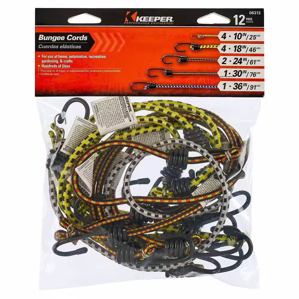 Keeper Assorted Size Multi-Color Bungee Cords with Hooks (12 Pack)