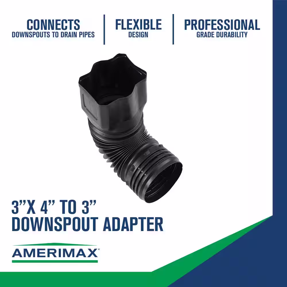 Amerimax Home Products FLEX Drain 3 in. x 4 in. x 4 in. Black Copolymer Downspout Adapter