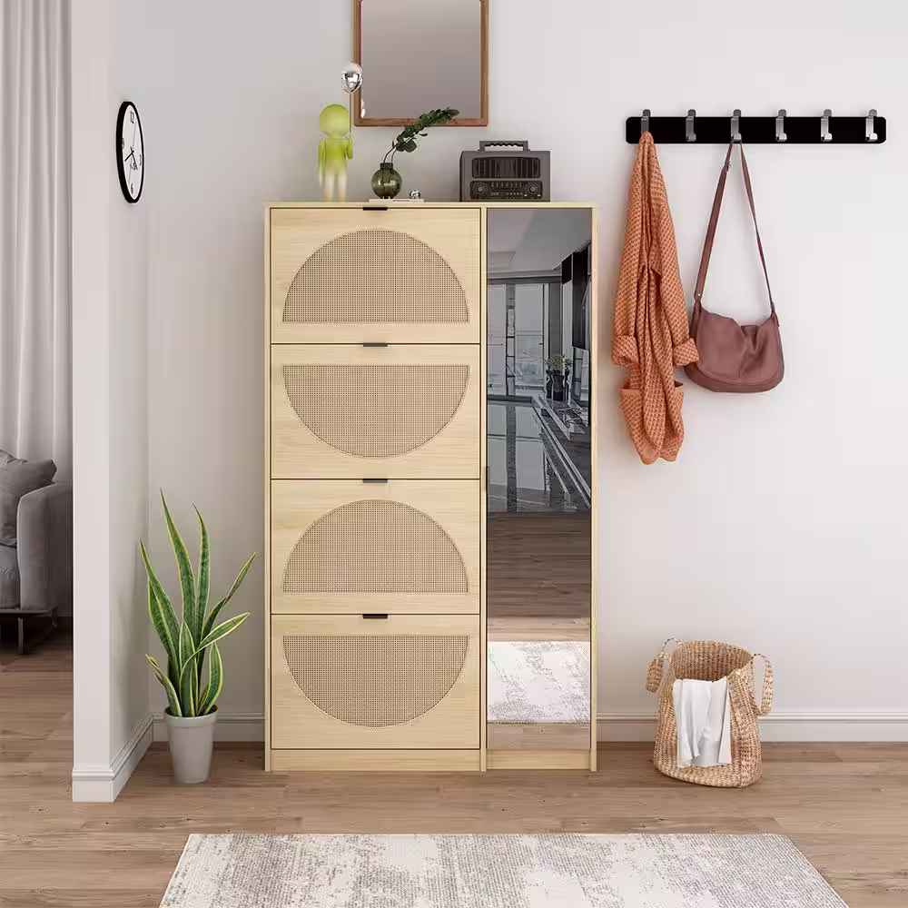 None 63.9 in. H x 37 in. W Freestanding 4-Door Particle Board Shoe Storage Cabinet with Mirror & Adjustable Shelves