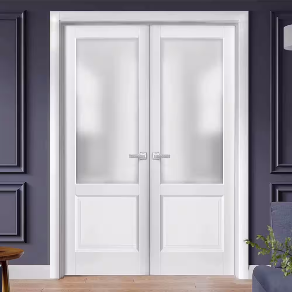 Sartodoors 1422 64 in. x 96 in. Universal Handling Frosted Glass Solid Core White Finished Pine Wood Interior Door Slab
