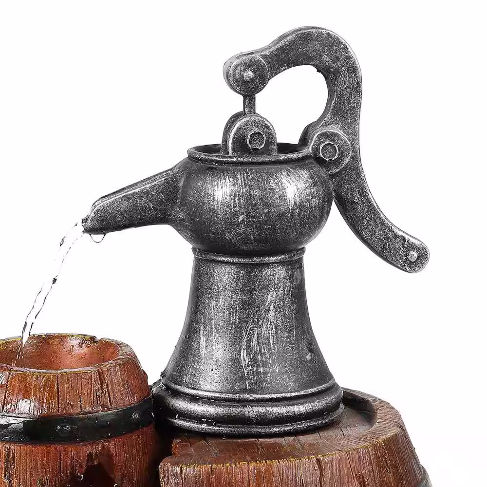 LuxenHome Polyresin Water Pump and Large Whiskey-Barrel Patio Cascade Fountain