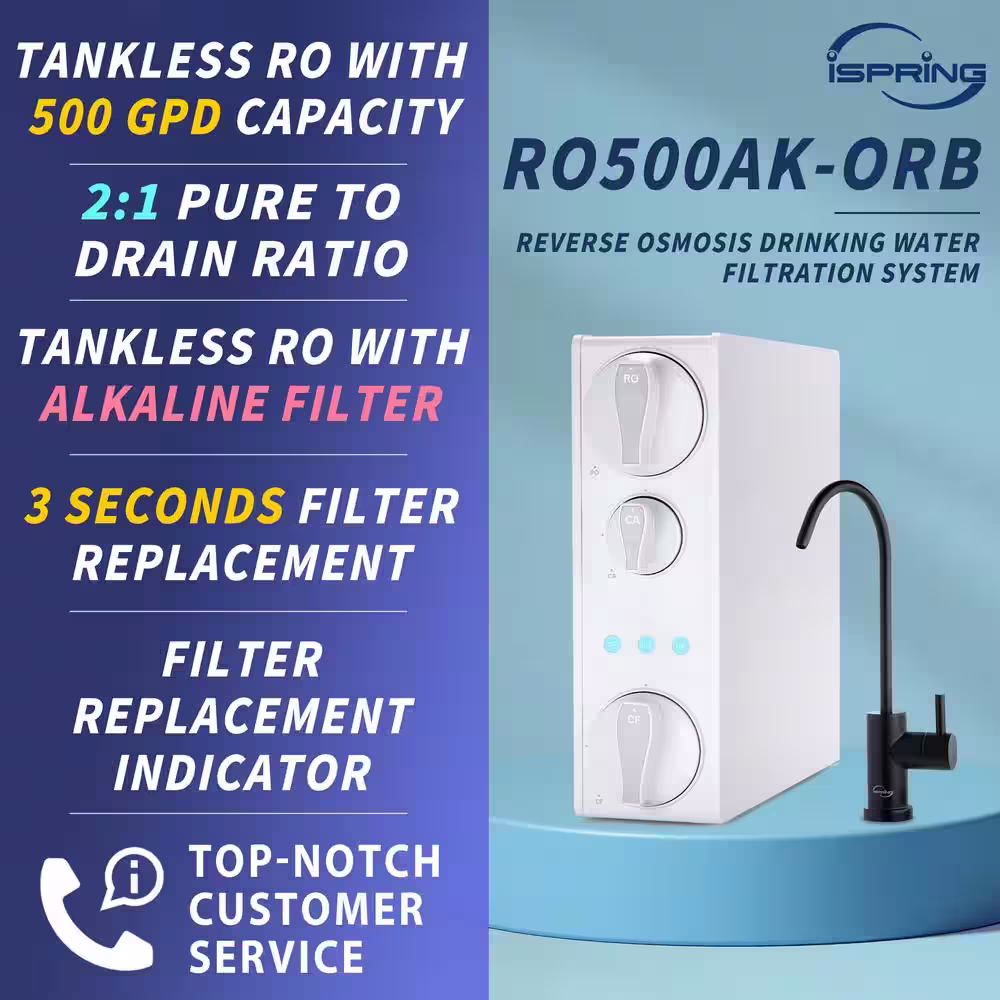 ISPRING Tankless RO Reverse Osmosis Water Filtration System, 500 GPD Fast Flow with Natural pH AK Remineralization
