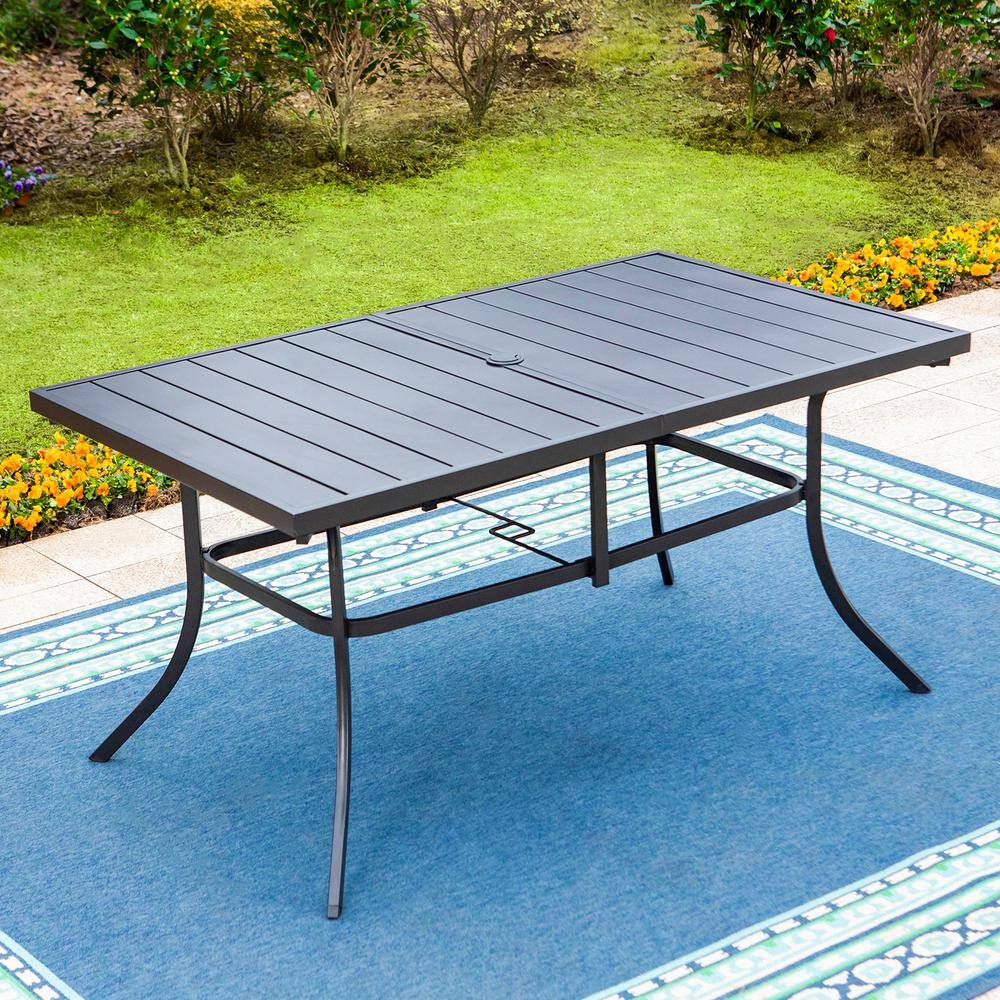 None Black 7-Piece Metal Patio Outdoor Dining Set with Rectangle Table and Rattan Arm Chairs with Beige Cushion