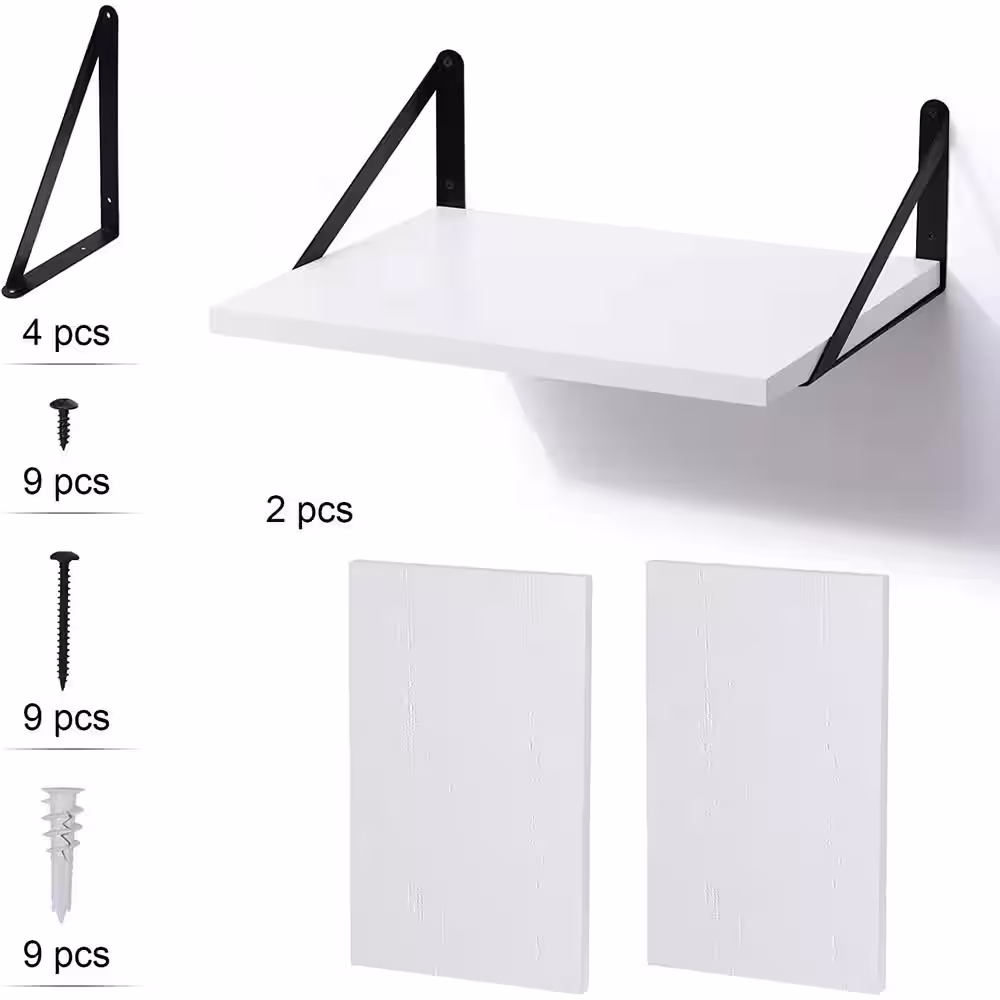 None 17 in. W x 12 in. D White Wood Decorative Wall Shelf Floating Shelves Decorative Wall Shelf Set of 2
