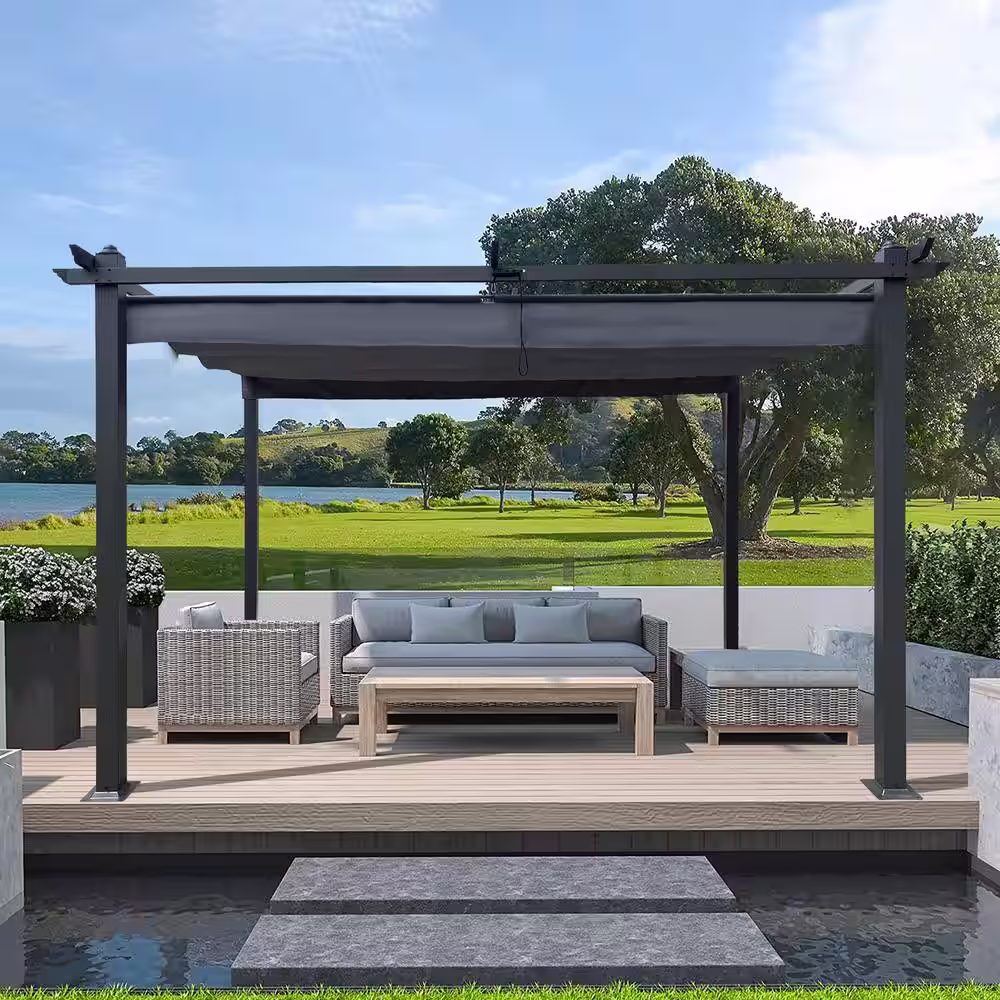 None 13 ft. x 10 ft. Gray Aluminium Outdoor Patio Retractable Pergola with Canopy