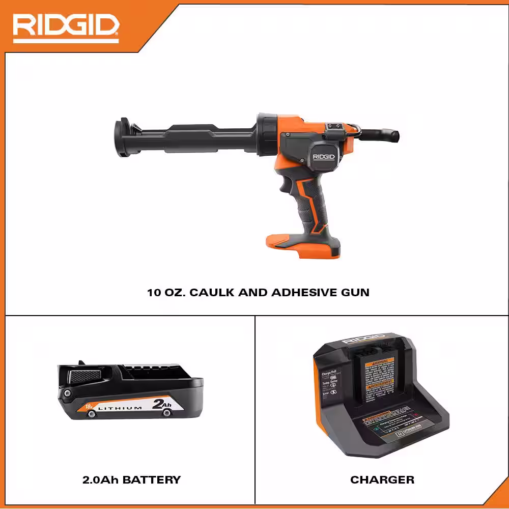 RIDGID 18V Cordless 10 oz. Caulk Gun and Adhesive Gun Kit with 18V Lithium-Ion 2.0 Ah Battery and Charger