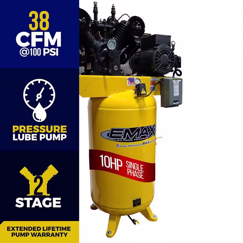 EMAX Industrial Series 80 Gal. 10 HP 1-Phase Electric Air Compressor with pressure lubricated pump