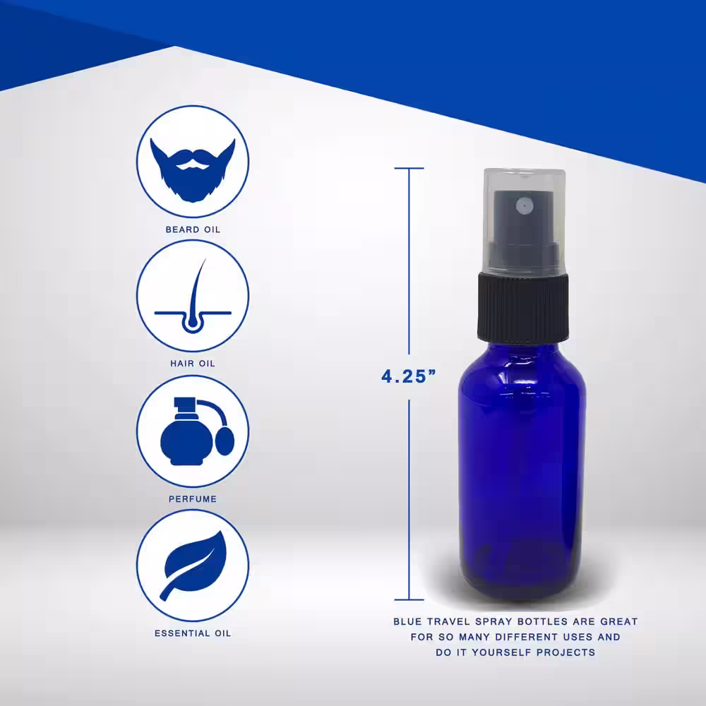 Nevlers 1 oz. Blue Glass Spray Mist Bottles with Bottle Brush, Funnel, and Labels (Set of 24)