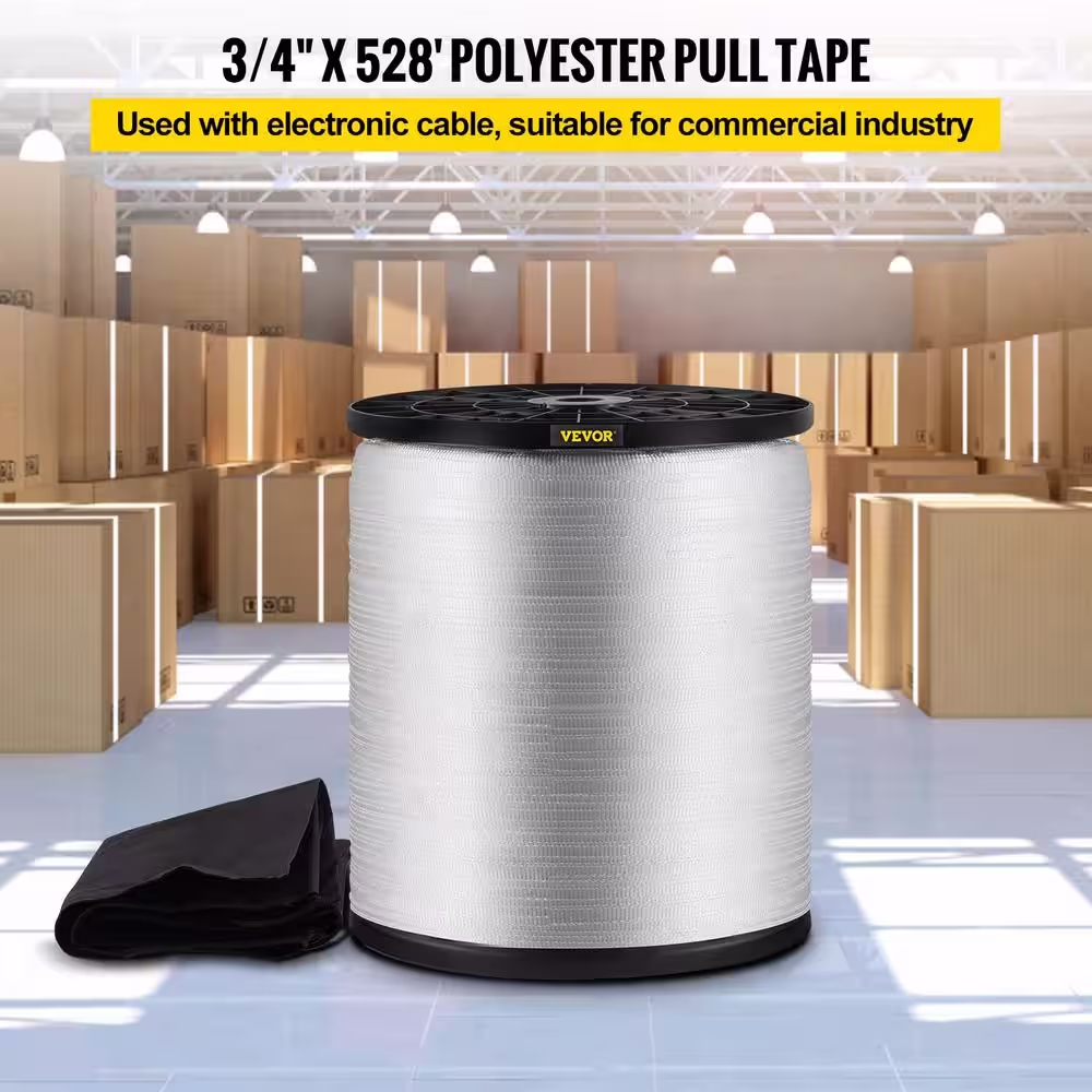 VEVOR 528 ft. x 1/2 in. Polyester Pull Tape 1250 lbs. Tensile Capacity Flat Tape for Pulling Loading Packing, White