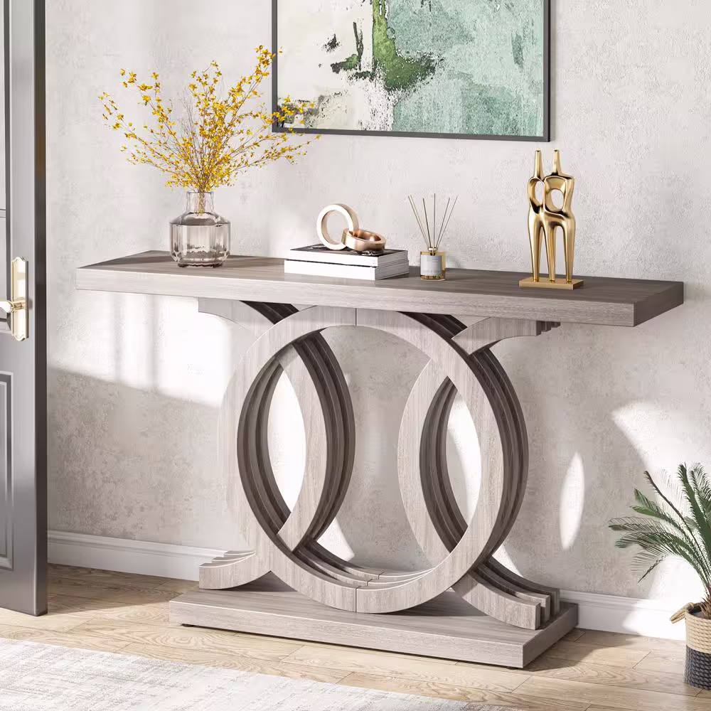 Tribesigns Catalin 55 in. Gray Rectangular Wood Console Table with Geometric Base