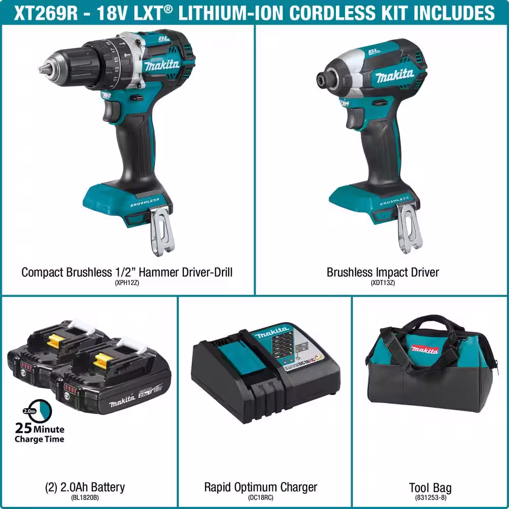 Makita 18V LXT Lithium-Ion Brushless Cordless Hammer Drill and Impact Driver Combo Kit (2-Tool) w/ (2) 2Ah Batteries, Bag
