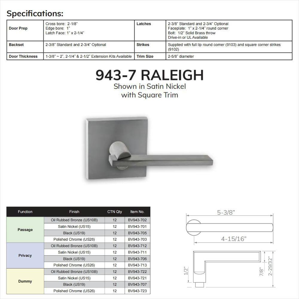 None Bravura Raleigh 943-7 Privacy (Bed/Bath) Door Lever Oil Rubbed Bronze w/ square trim