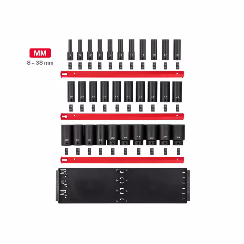 TEKTON 1/2 in. Drive Deep 6-Point Impact Socket Set (31-Piece) (8-38 mm) with Rails