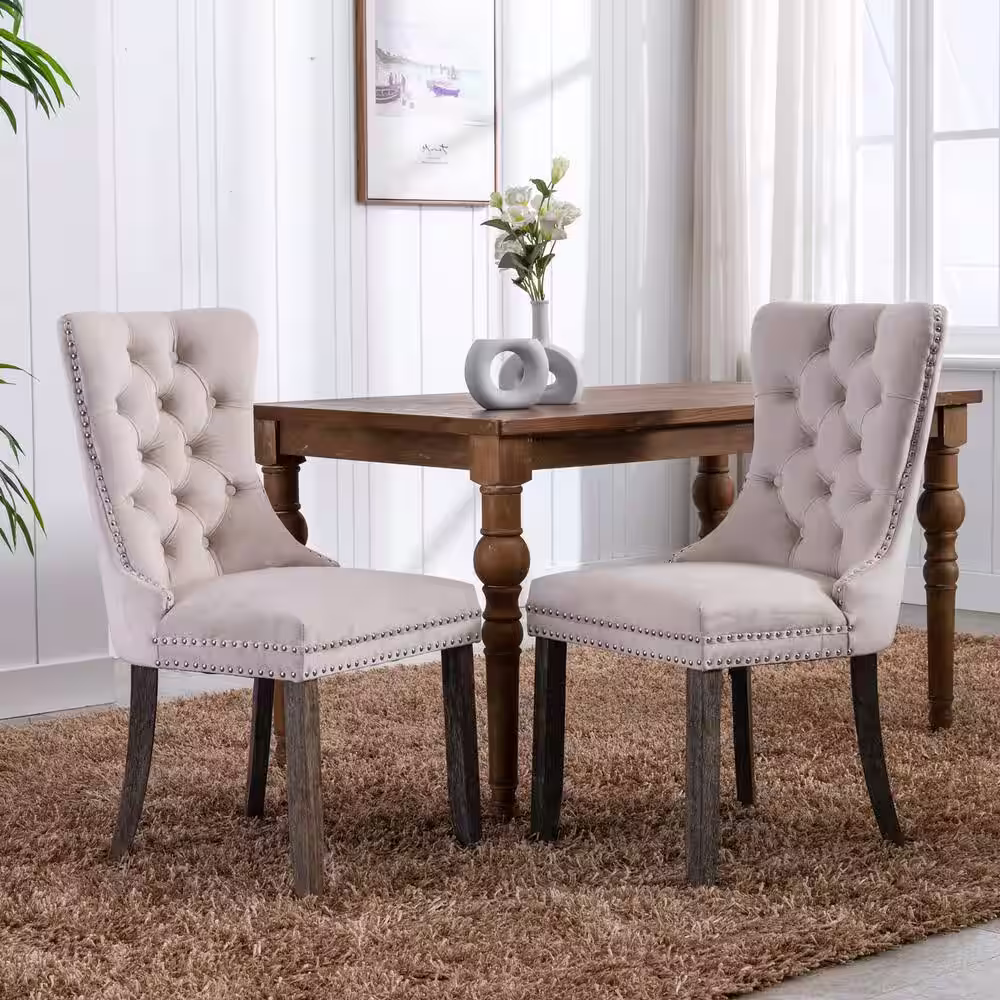 aisword High-end Tufted Solid Wood Contemporary Velvet Upholstered Dining Chair with Wood Legs Nailhead Trim 2-Pcs Set - Beige