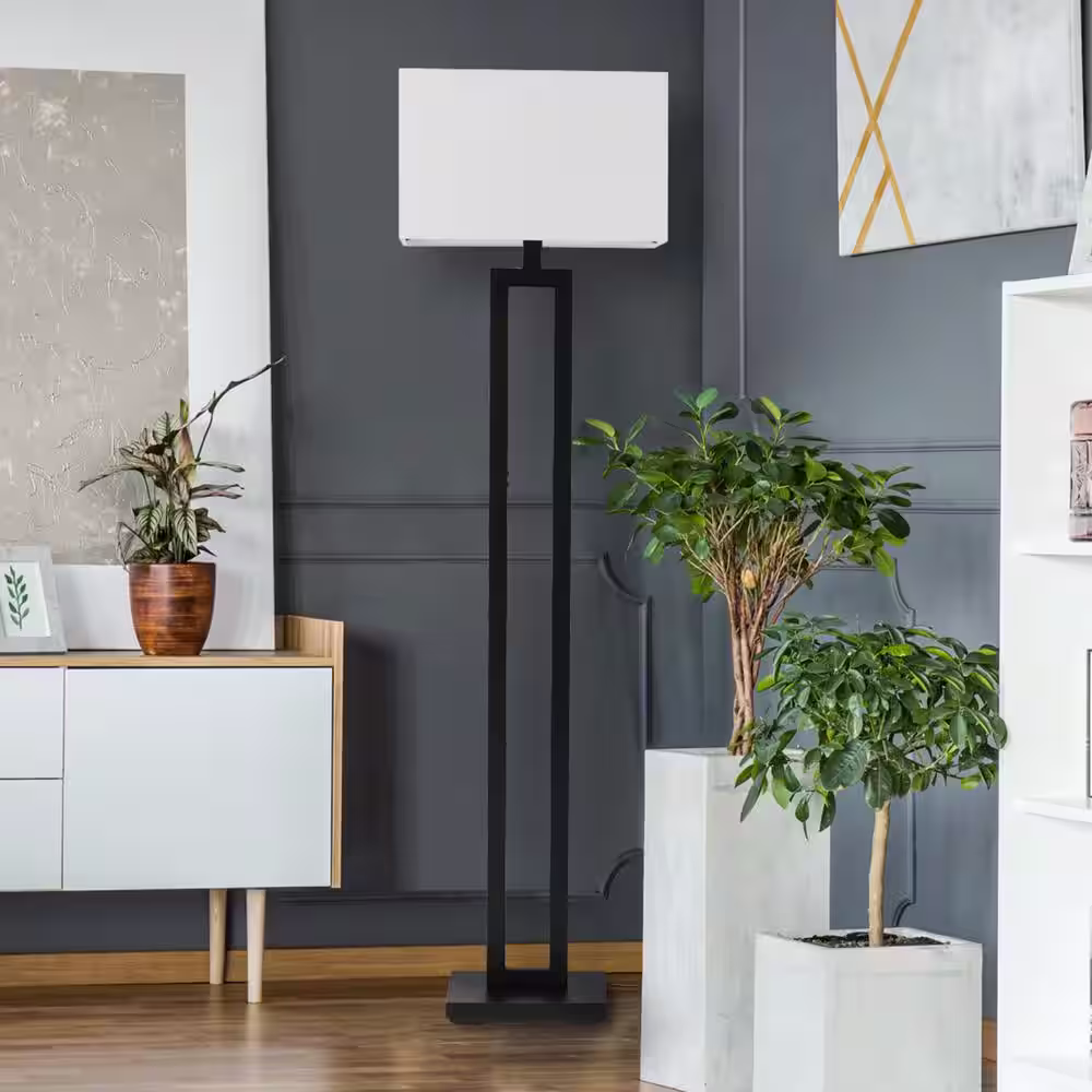 Globe Electric D'Alessio 58 in. Matte Black Floor Lamp with White Linen Shade