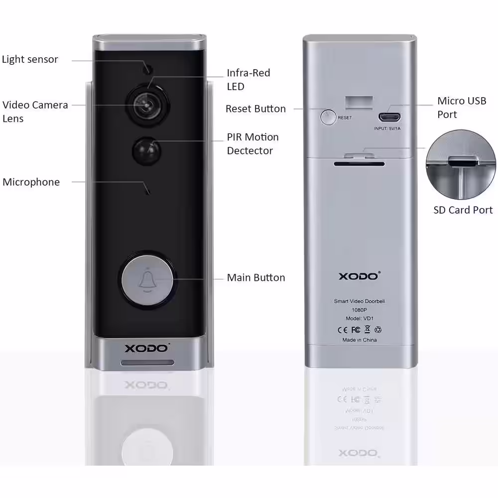 Xodo Smart WiFi Video Doorbell Wireless Security Camera, 2-Way Audio/Waterproof Video Doorbell/WiFi 1080p HD/166Â° Wide Angel