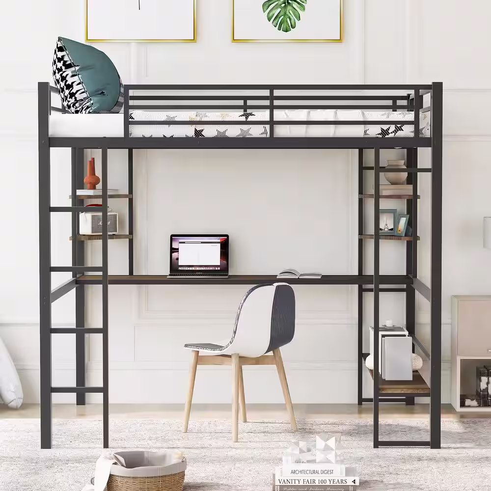 URTR Black Full Size Loft Bed Frame with Long Desk and Storage Shelves, Metal Loft Bed with Ladder for Kids, Teens
