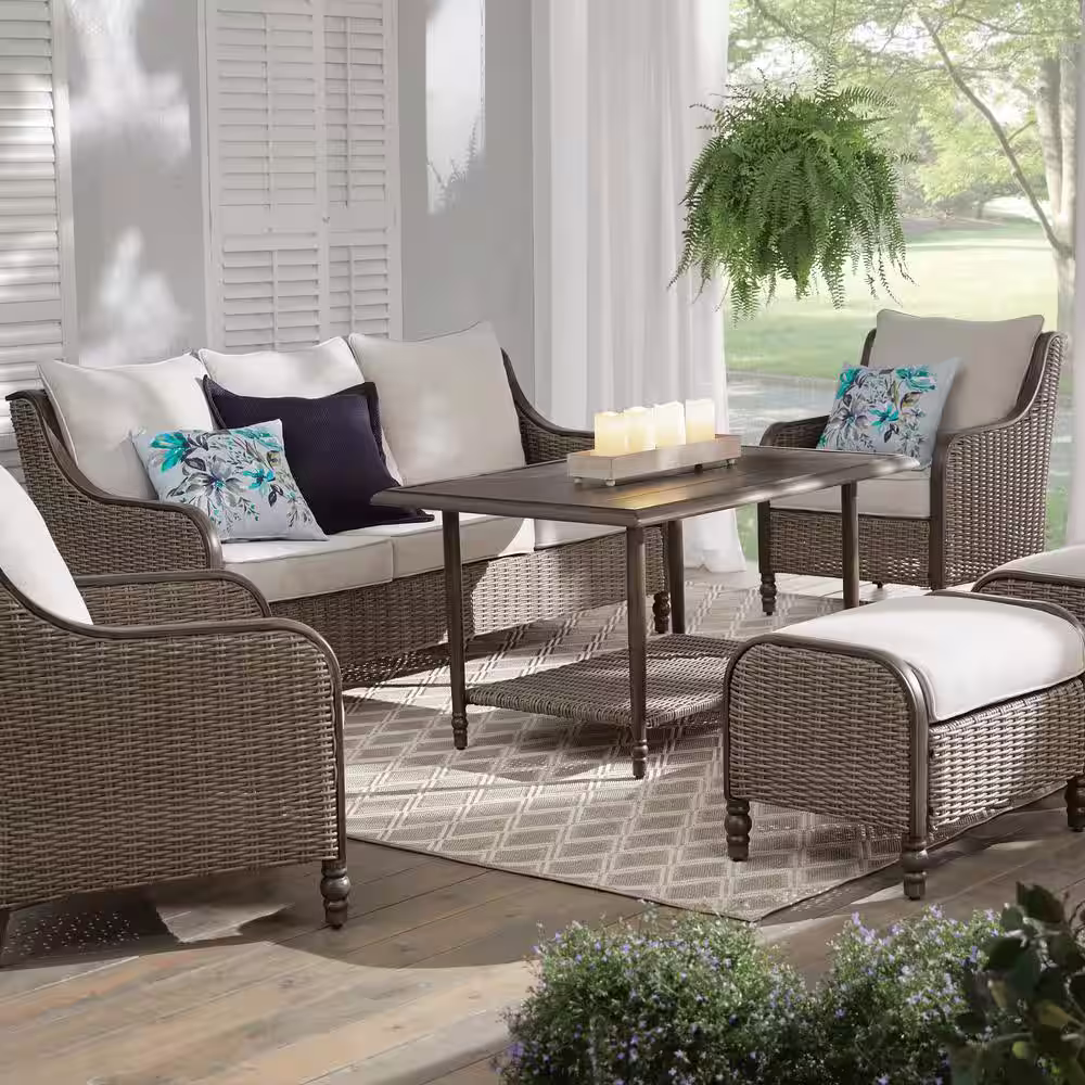 Hampton Bay Windsor 6-Piece Brown Wicker Outdoor Patio Conversation Seating Set with CushionGuard Biscuit Tan Cushions