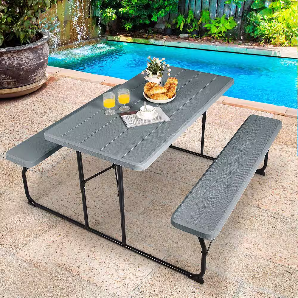 Gymax Metal Outdoor Folding Picnic Table and Bench Set for Camping BBQ with Steel Frame Grey