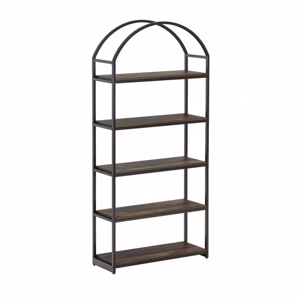 Nathan James Haven 72 in. H x 33 in. W 5-Shelf Etagere Bookshelf in Nutmeg Wood and Black Metal Frame with Open Shelves, Nutmeg/Black