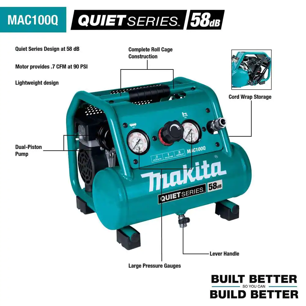 Makita Quiet Series, 1/2 HP, 1 Gal. Compact, Oil-Free, Electric Air Compressor