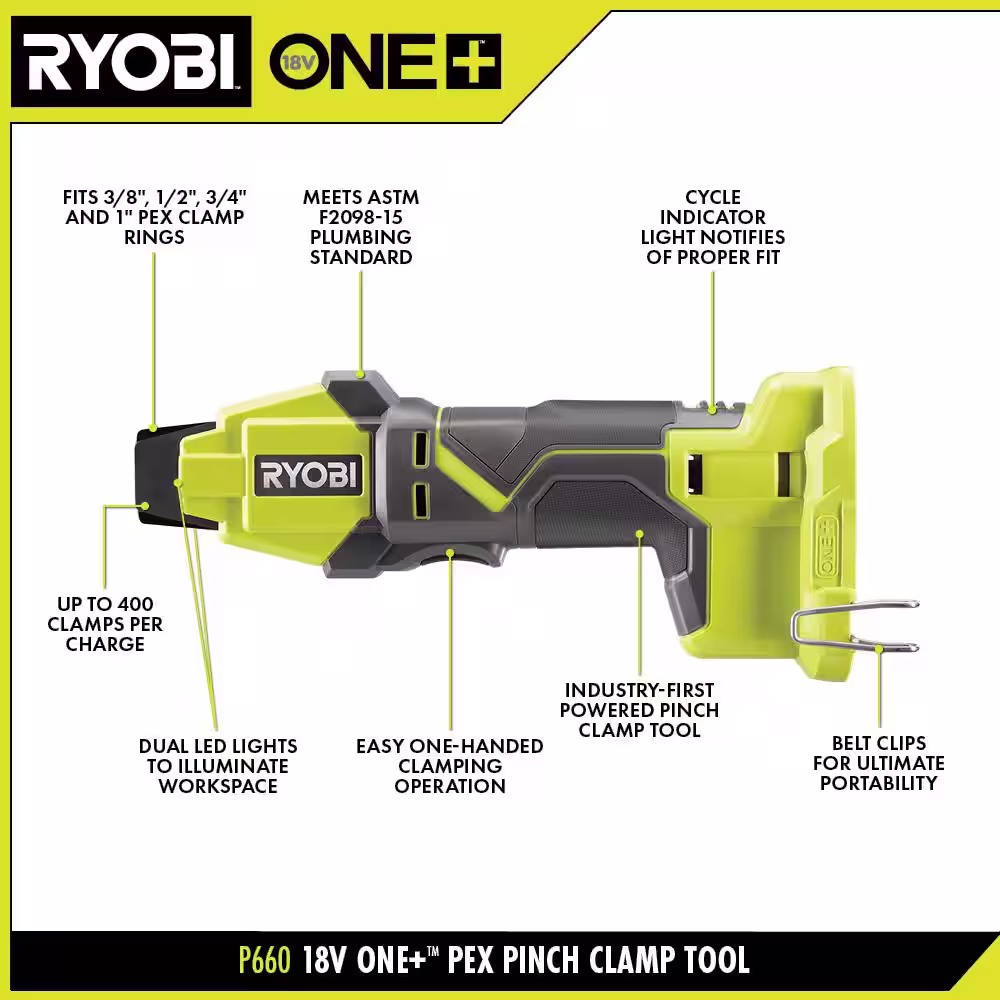 RYOBI ONE+ 18V Lithium-Ion Cordless PEX Tubing Clamp Tool (Tool Only)