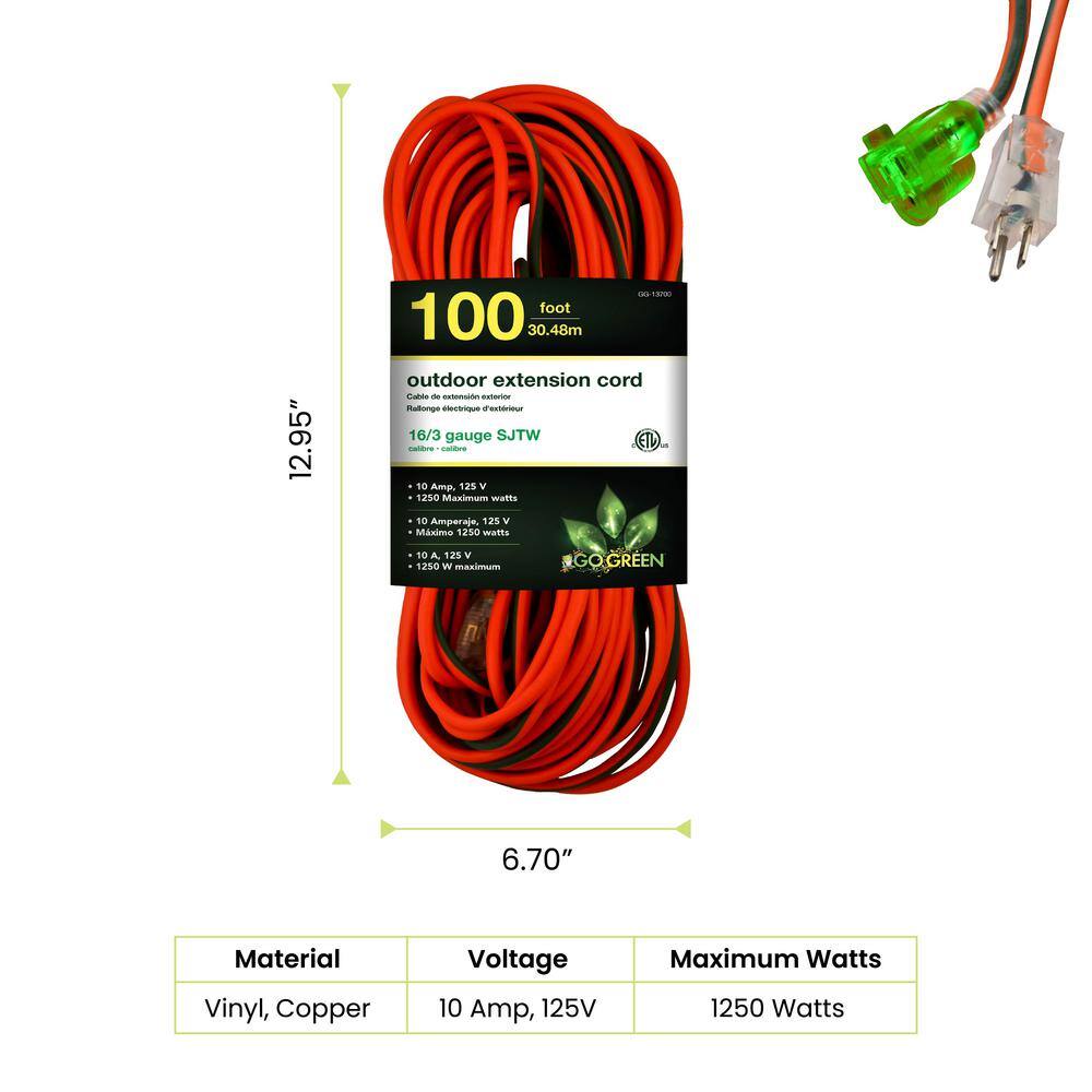 GoGreen Power 100 ft. 16/3 SJTW Outdoor Extension Cord - Orange with Lighted Green Ends