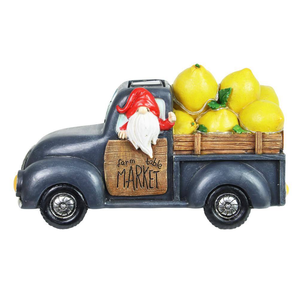 Exhart Solar Hand Painted Driving a Lemon Truck, 10 in. x 6 in. Gnome Garden Statue