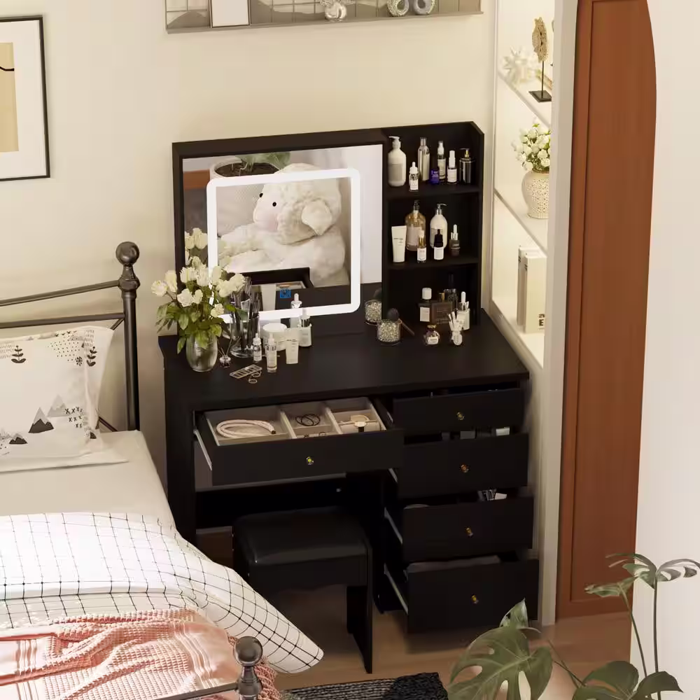 None Black 5- Drawers 39.4 in. W Makeup Vanity Sets Chest of Drawers with LED Dimmable Mirror, Stool, 3-Tier Storage Shelves