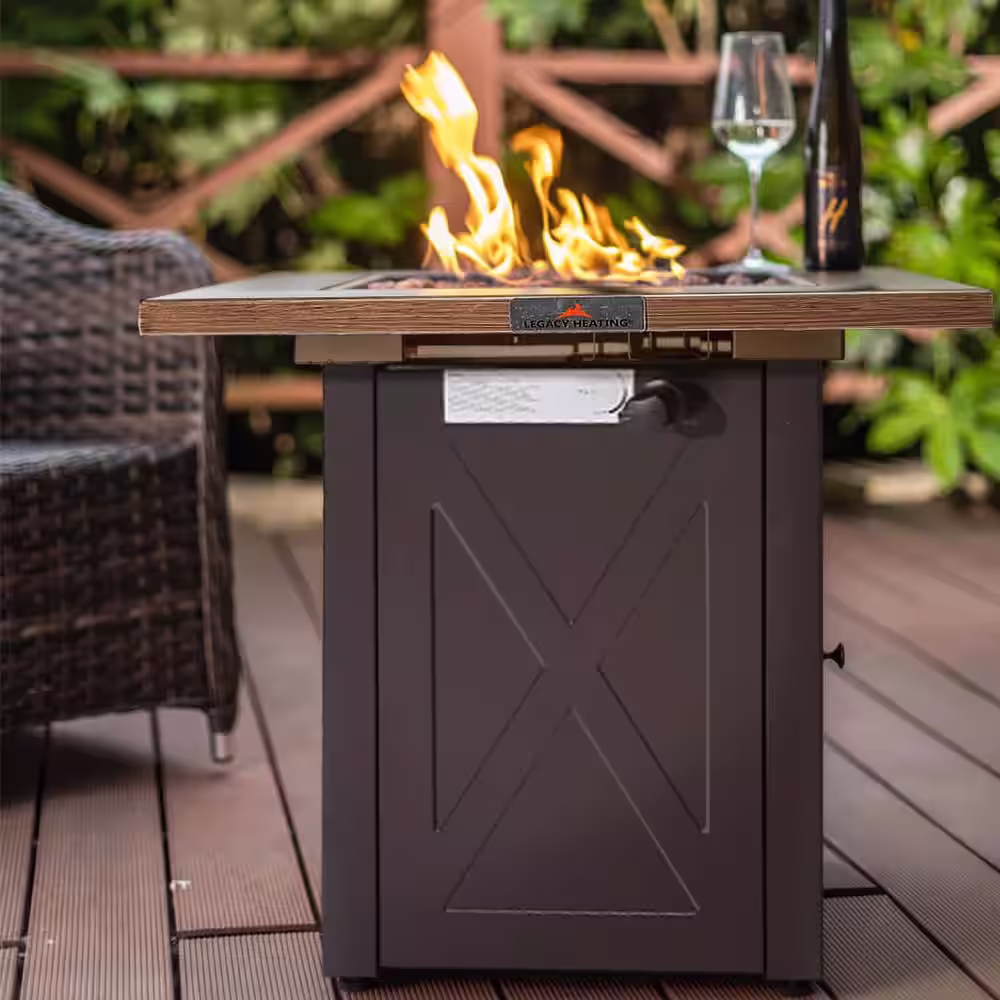 Legacy Heating 28 in. Square 50000 BTU Steel Propane Fire Pit Table in Wood Look