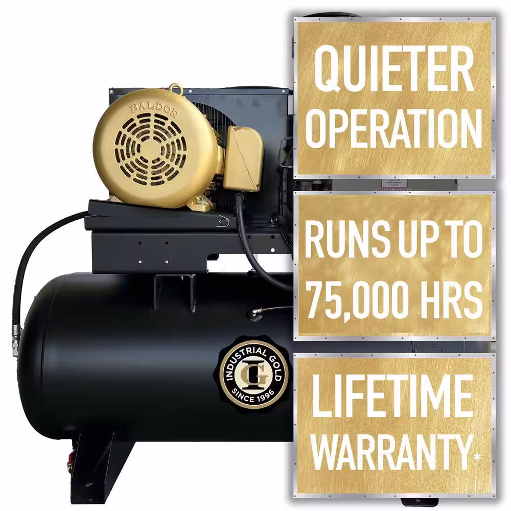 None Industrial Gold 120 Gal. 20 HP Rotary Screw 3-Phase Low RPM 150 PSI Electric Air Compressor with Quiet Operation