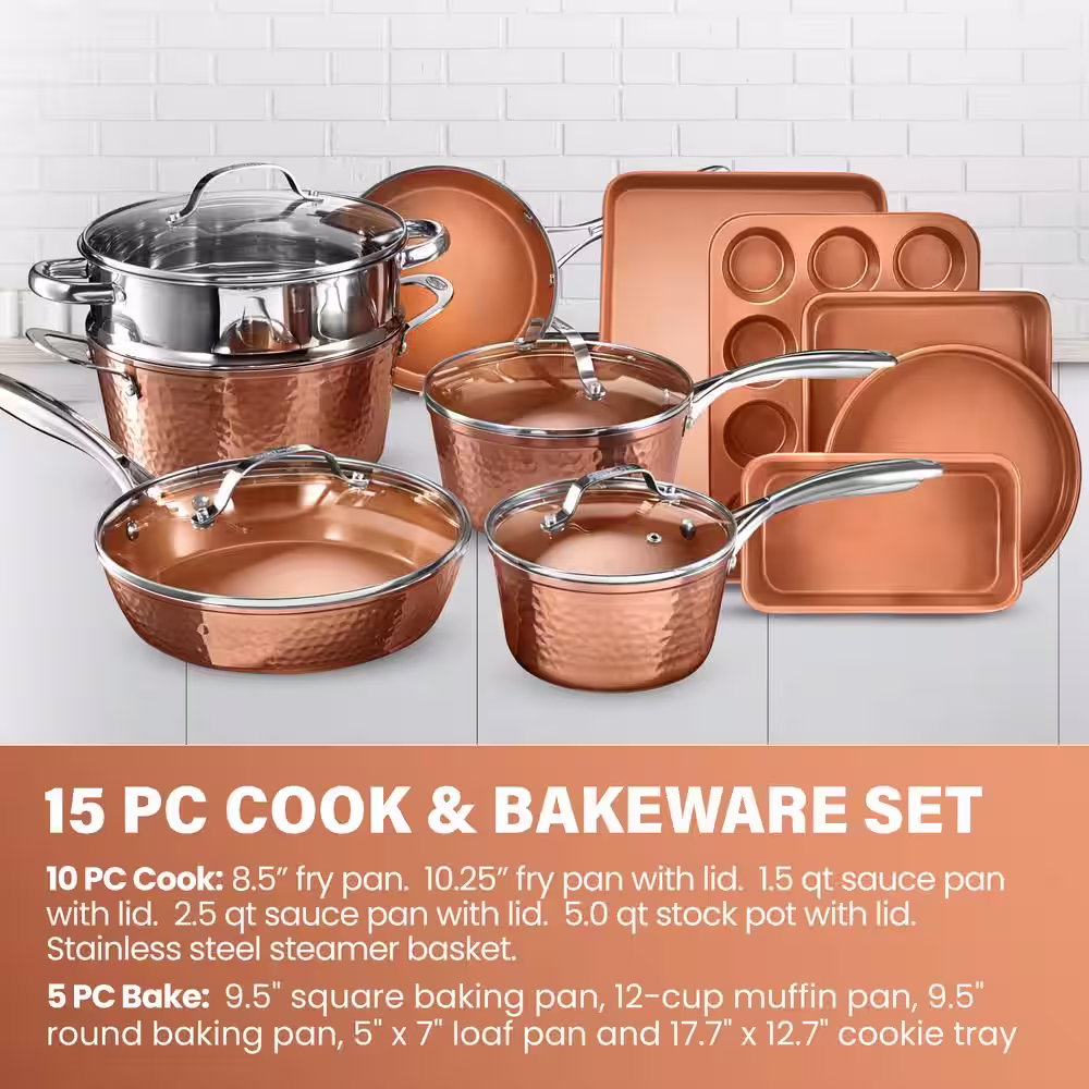 Gotham Steel Hammered Copper 15-Piece Aluminum Non-Stick Cookware Set and Bakeware Set