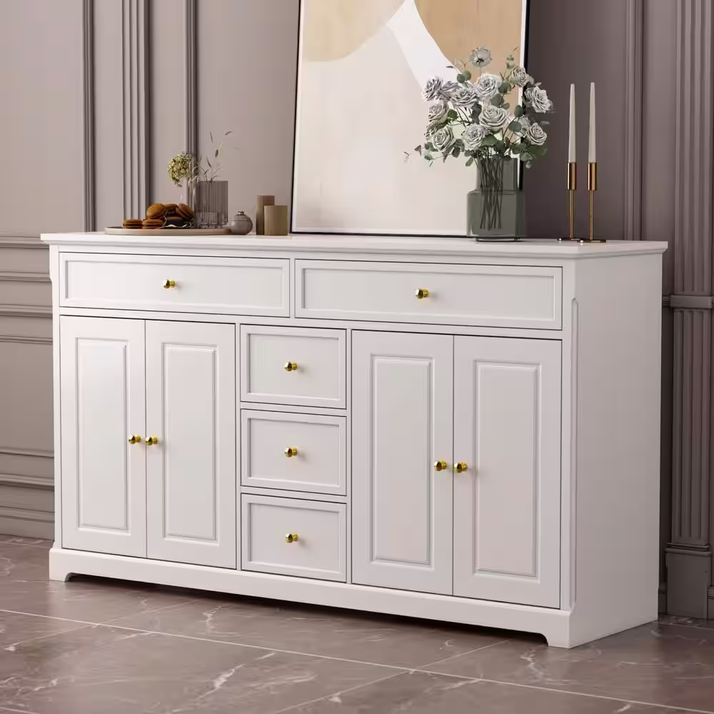 None White Wooden Sideboard with 2 Large Drawers, 3 Small Drawers and 2 Cabinets 59.1 in. W 33.5 in. H x 15.7 in. D