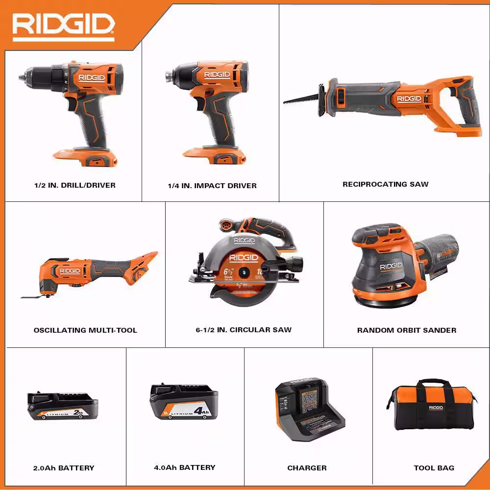 RIDGID 18V Cordless 6-Tool Combo Kit with 2.0 Ah Battery, 4.0 Ah Battery, Charger, and Bag