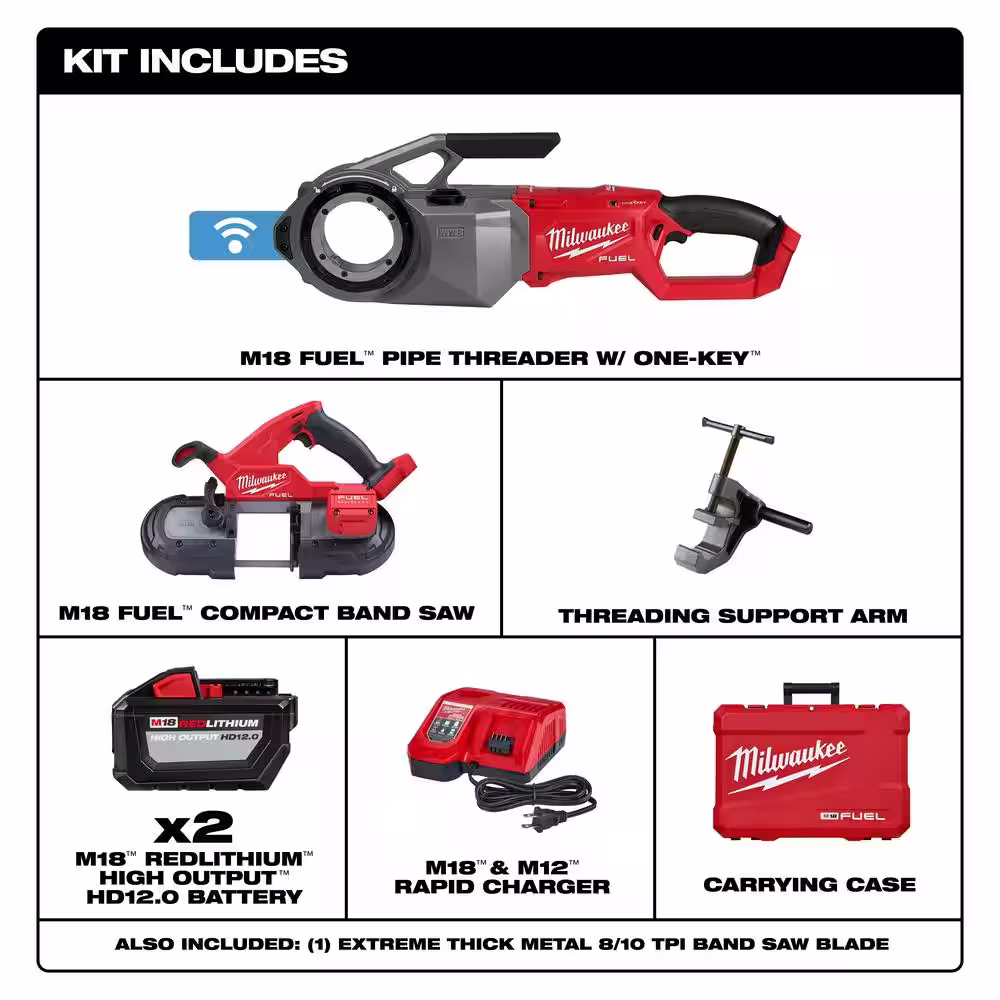 Milwaukee M18 FUEL ONE-KEY Cordless Brushless Pipe Threader Kit with M18 Fuel Compact Bandsaw Tool
