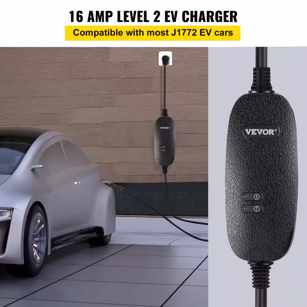 None Portable EV Charger Level 2 16 Amp Electric Charging Station 110-240V with 25 ft. NEMA Cable 6-20 Plug for Home Car