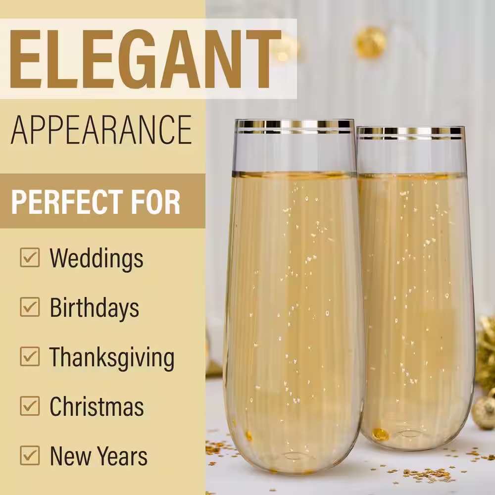 PERFECT SETTINGS 9 oz. 2 Line Gold Rim Clear Reusable Plastic Champagne Flutes Glasses Stemless (24/Pack)