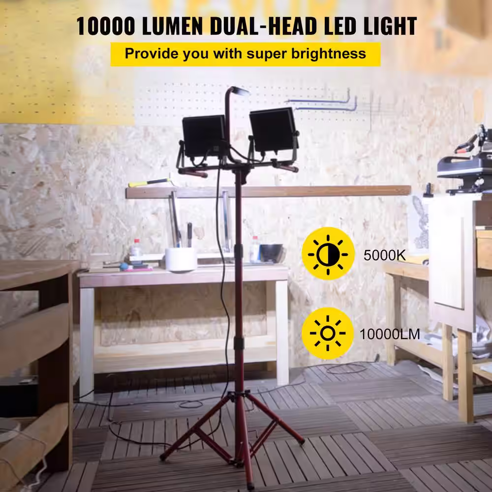 VEVOR Work Light Waterproofed 10000 Lumen Dual-head LED Jobsite Lighting with Adjustable and Foldable Tripod Stand