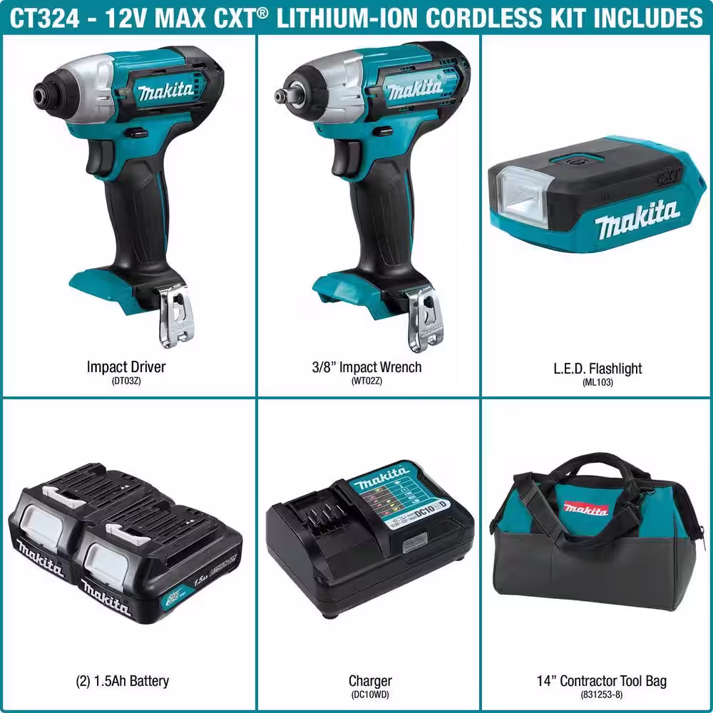 Makita 12V max CXT Lithium-Ion Cordless 3-piece Combo Kit (Impact Driver/Impact Wrench/Flashlight) 1.5 Ah