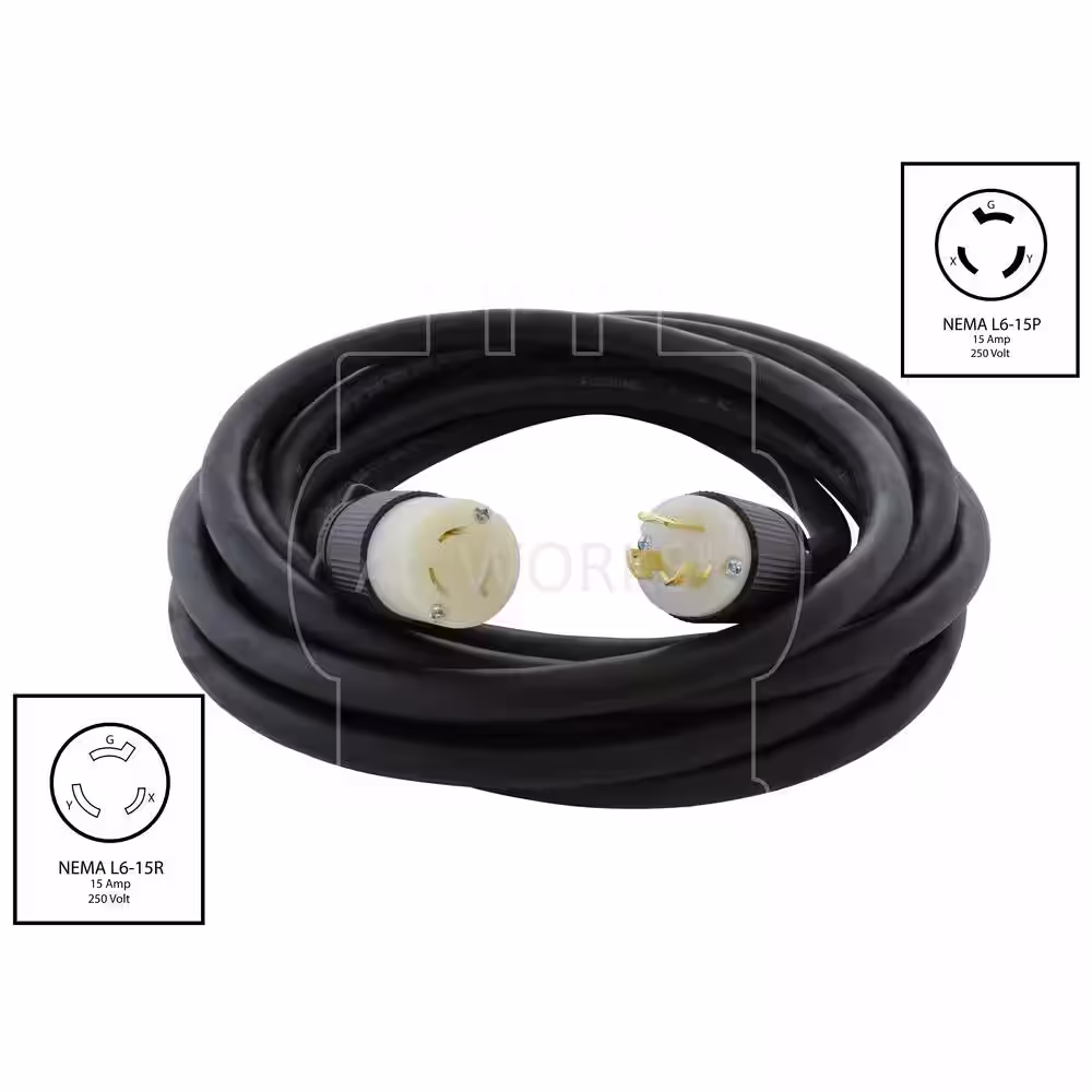 AC WORKS 10 ft. SOOW 14/3 3-Prong NEMA L6-15 15 Amp 250-Volt Rubber Extension Cord