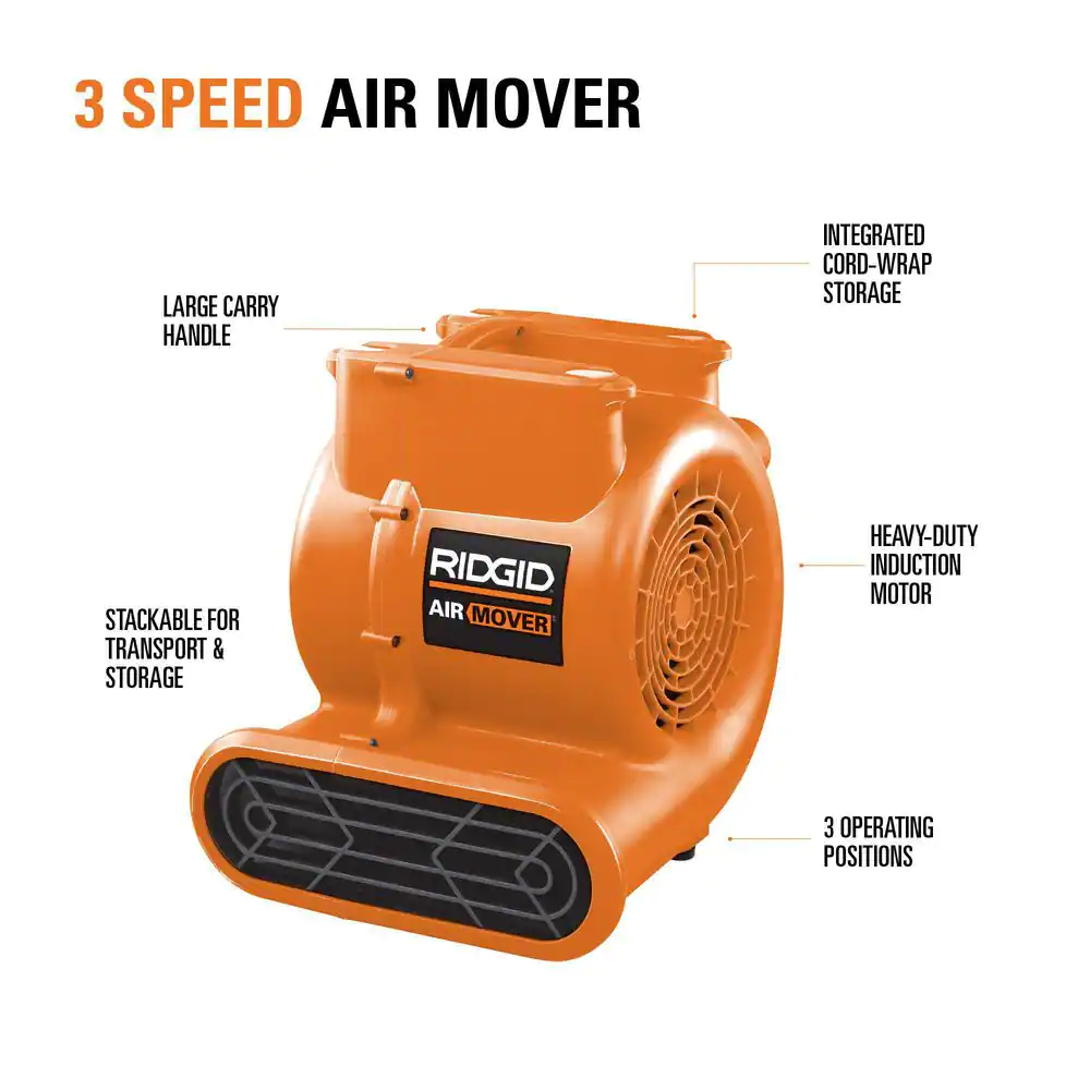 RIDGID 1625 CFM 3-Speed Blower Fan Air Mover with 3 Operating Positions for Water Damage Restoration