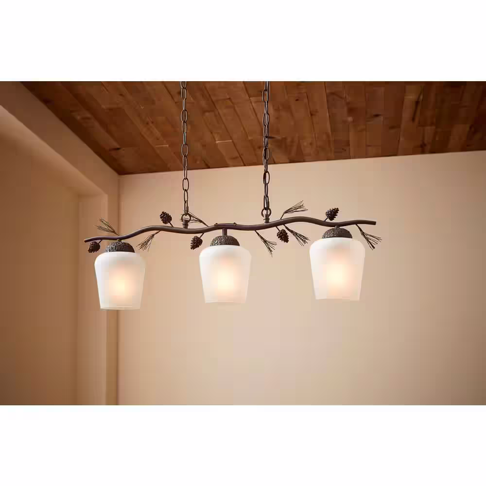 Hampton Bay Spruce Lodge 3-Light Handmade Pinecone Chandelier/Pendant with Frosted Glass Shades