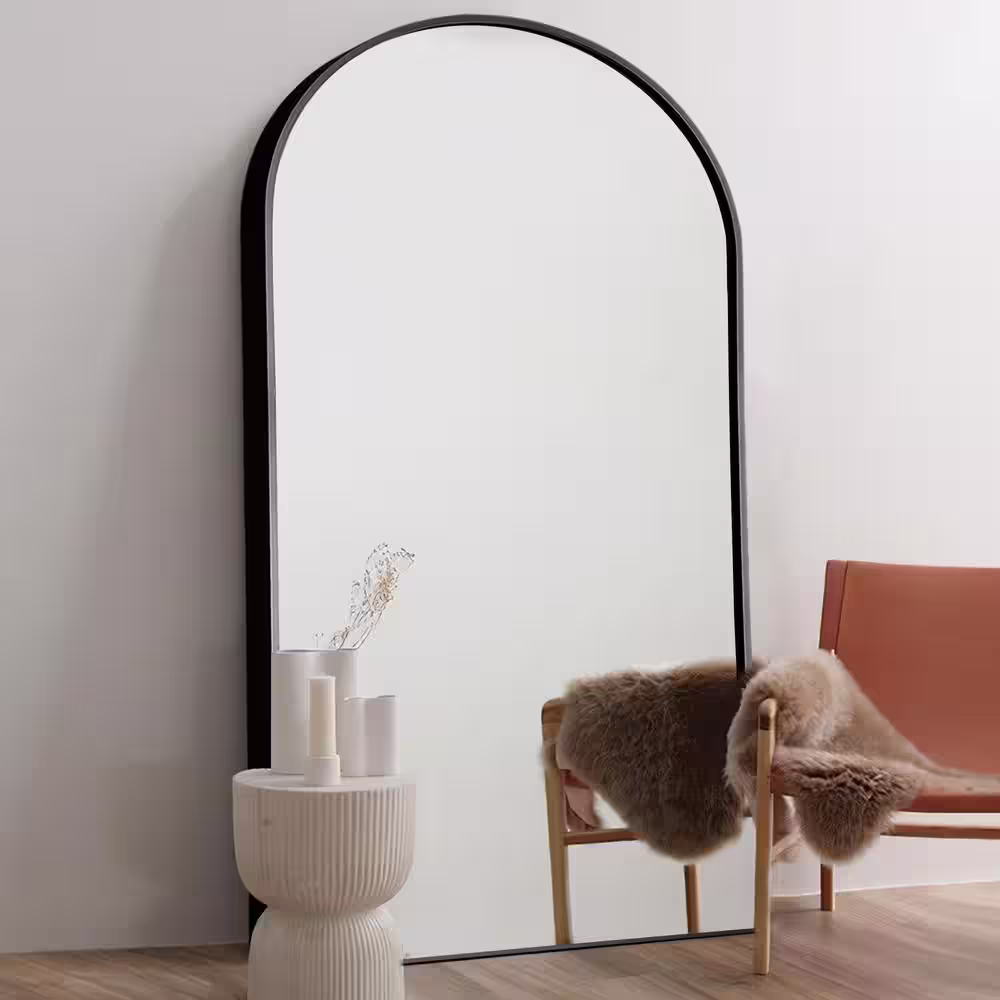 None 71 in. x 32 in. Modern Arch Metal Framed Black Full-Length Leaning Mirror